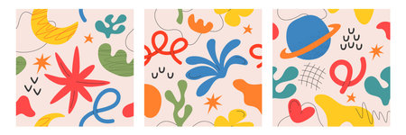 Vector set of contemporary square cards with summer nature elements. Posters with organic abstract geometric shapes, moon, lines and freeform objects. Modern hand drawn simple figures, botanical formsのイラスト素材