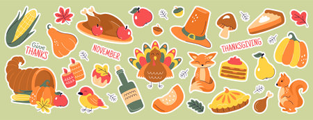 Holiday sticker set of thanksgiving day. Vector doodle autumn elements with roast turkey, fall leaves, cornucopia, vegetables, animals, pumpkin, pilgrim hat, pie, wine, candles. Harvest festival iconsのイラスト素材