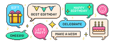 Pixel art happy birthday element set. Y2k trendy pixelated speech bubbles with present gift box with bow, party flags, sparkles, cake and congratulations quotes. Bday talk balloons in 8bit retro styleのイラスト素材