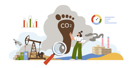 Carbon footprint or environmental responsibility concept. Character analyzes ways to reduce co2 emissions and climate impact. Woman reducing pollution from industry factory, transport and oil refineryのイラスト素材