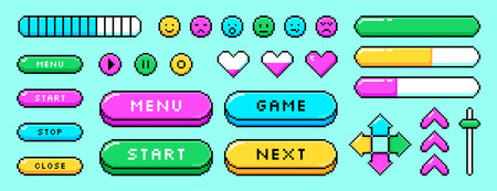 Set of pixel video game graphic elements in 8bit retro style. Color pixelated arrows, love hearts, emoticons, loading progress bar, level indicator icons, health stickers. Menu, stop, play ui buttonsのイラスト素材