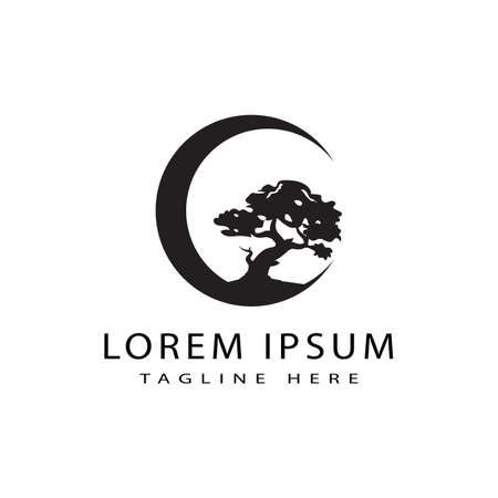 Oriental Bonsai Art, Japanese Mini Small Plant Tree on Pot Silhouette logo design vectorのイラスト素材