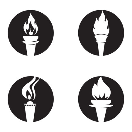 Fire torch with flame flat icons set. Collection of symbol flaming, illustrationのイラスト素材