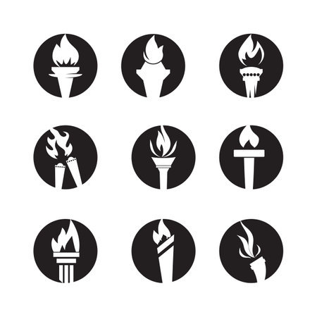Fire torch with flame flat icons set. Collection of symbol flaming, illustrationのイラスト素材