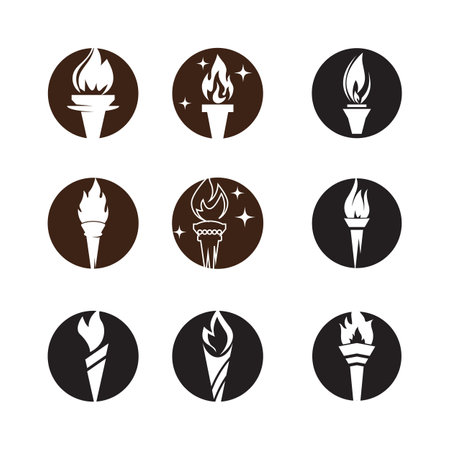 Fire torch with flame flat icons set. Collection of symbol flaming, illustrationのイラスト素材