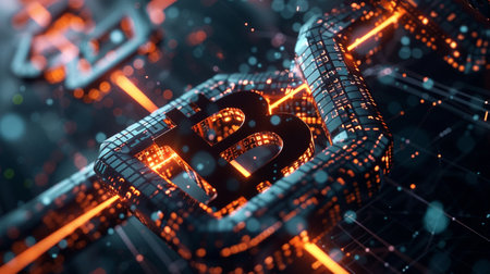 Blockchain technology. Information blocks in digital space. Decentralized global network. Cyberspace data protection. 3D illustration with elements of a binary code, Generate Aiの素材