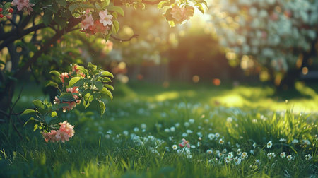 Spring blooming apple trees garden and fresh green grass, toned, Generate Aiの素材
