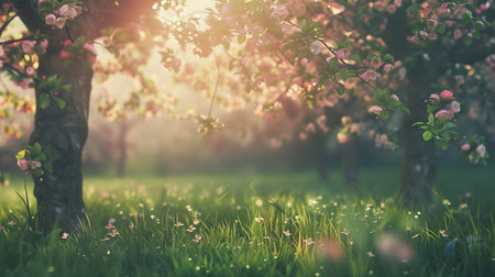 Spring blooming apple trees garden and fresh green grass, toned, Generate Aiの素材
