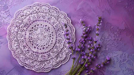 Vintage lace doily, place mat, violet background, Sweet Lavender flower bouquet. Copy space for Mother s Day, Valentine s Day, birthdays, anniversaries, holidays, celebrations. Generate Aiの素材
