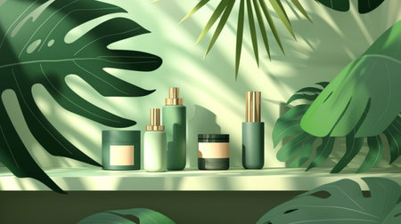 Shelf design putting cosmetics product concept background with tropical green leaves with illustration, Generate Aiの素材