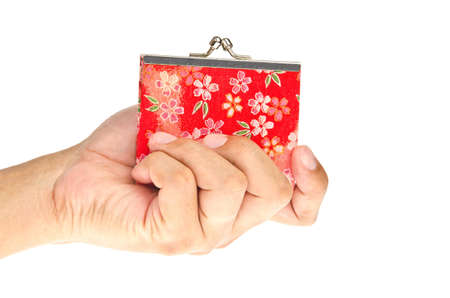 Hand holding wallet on white background の写真素材