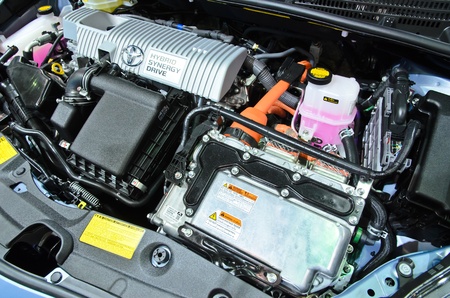 BANGKOK, THAILAND - April 6: Toyota Prius Engine with Hybrid synergy drive car on display at The...