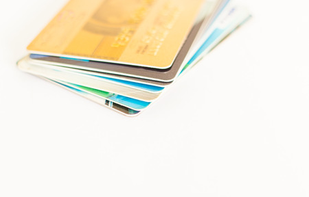 Credit cards,stack on white backgroundの写真素材