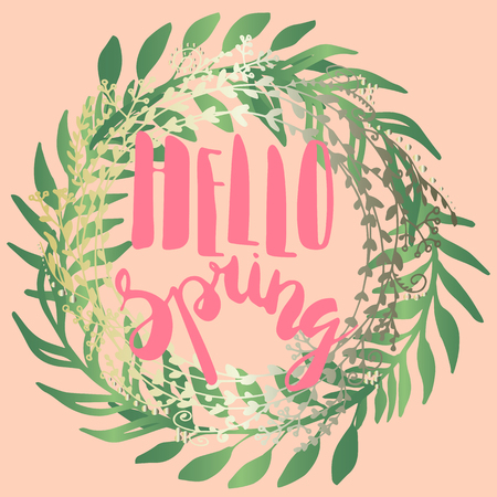 Hello spring greeting card. Hand drawn illustration. Flower wreath and lettering.のイラスト素材