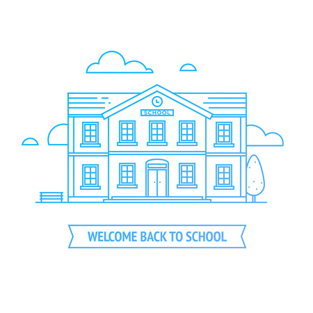 Welcome back to school banner. Linear illustration of public school. EPS 10. RGBのイラスト素材