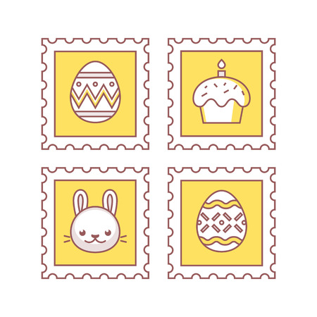 Set of linear illustrations with Easter symbols. Postage stamps with Easter cake, bunny and decorated eggs. EPS 10. RGBのイラスト素材