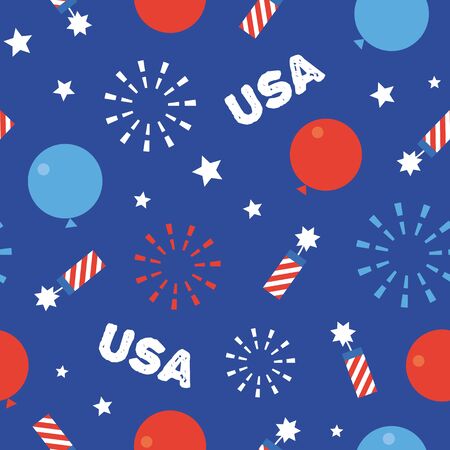 A seamless pattern design of the 4th of July theme. American Independence Day flat vector background with stars, balloons and fireworks in blue and red colorsのイラスト素材