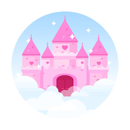 Flat vector illustration of princess castle in clouds. Fairytale dream palace with gate and heart shape windowsのイラスト素材
