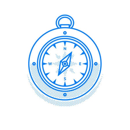 Vector linear illustration of a vintage compass with windrose. Navigational equipment symbol isolated on white background. Travel concept. Editable strokeのイラスト素材
