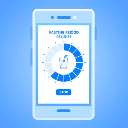 Intermittent fasting tracker app concept. Flat vector illustration of a mobile phone screen with fasting window diagram, water icon and stop buttonのイラスト素材