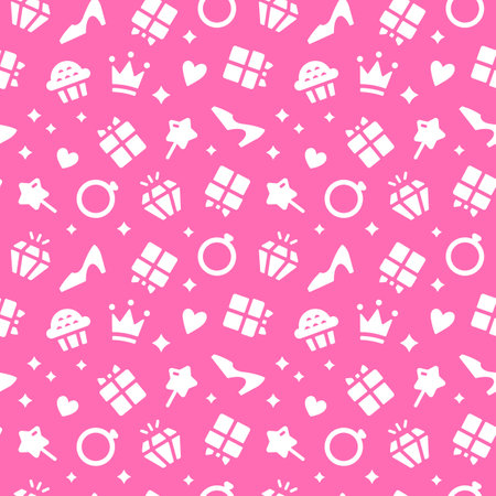 Girly vector background with ring, cupcake, shoes, magic wand, gift, crown and jewel on pink background. Seamless pinkcore pattern for wrapping paper, wallpapers and greeting cardsのイラスト素材