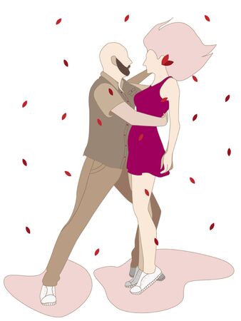 Sweet couple of man and woman dancing hustle among the autumn leaves. Monochrome colors on a white background.のイラスト素材
