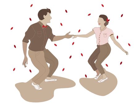 Sweet couple of man and woman dancing hop among the autumn leaves. Monochrome colors on a white background.のイラスト素材