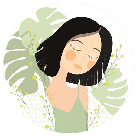 Portrait of young woman in plants and herbs, vector illustrationのイラスト素材
