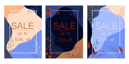 Set of three vector greeting cards for sale with wild herbs and leaves. Various options on dark and light backgrounds, several offers of discounts.のイラスト素材
