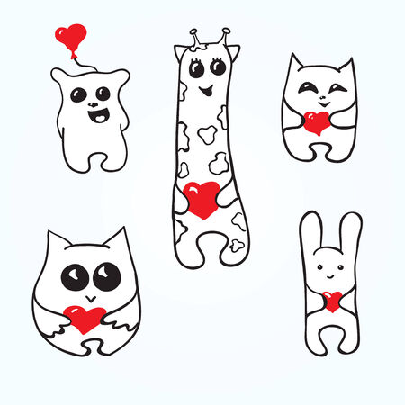 Set doodle animals with hearts. Valentine\'s Dayのイラスト素材