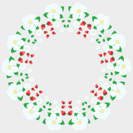 round frame with flowers, leaves and berries of a strawberry on a gray backgroundのイラスト素材