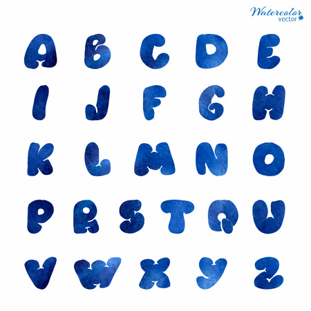 Watercolor blue hand drawn Alphabet. Vector illustrationのイラスト素材
