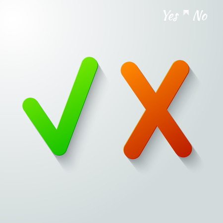 Colored signs - yes - green, no - red. vector 3d style paper on a gray background.のイラスト素材
