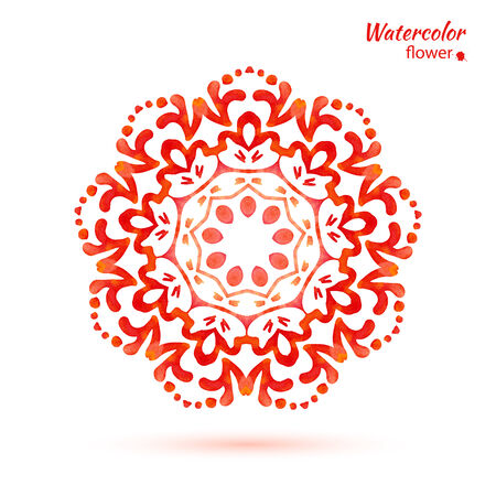 watercolor  red-orange  circular openwork element - snowflake, flower, folk style. vector illustration.のイラスト素材