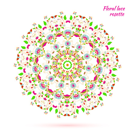 Circular lacy pattern of multicolor flowers. Russian folk style. vector illustrationのイラスト素材