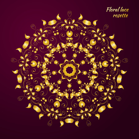Circular lacy pattern of gold flowers. Russian folk style. vector illustrationのイラスト素材