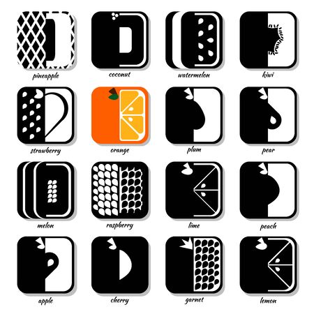 Vector illustration in a flat style paper with shadows - the image square stylized fruit and berries in black and shades. Can be used for web design, packaging, icon, sticker, avatar, character, etc.のイラスト素材