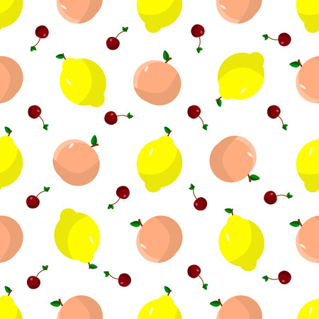 Vector illustration of a flat drawn style - lemon, cherry, peach - draw simple figures. Seamles pattern.のイラスト素材