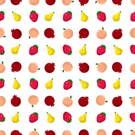 Vector illustration of a flat drawn style - raspberry, lemon, pear, pomegranate, peach - draw simple figures. Seamles pattern.のイラスト素材