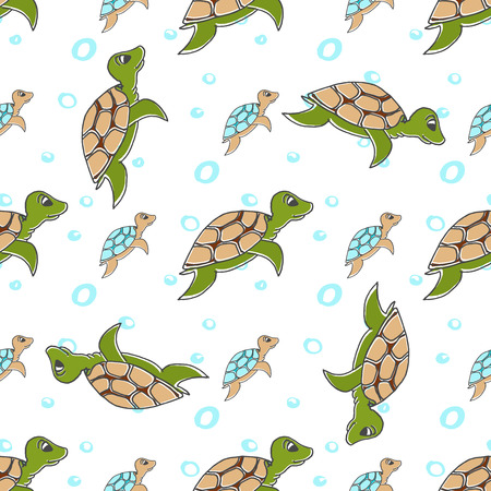 Vector illustration - Seamless pattern of stylized turtles in cartoon style, orange and blue color on a white background.のイラスト素材