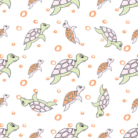 Vector illustration - Seamless pattern of stylized turtles in cartoon style, pastel colors on a white background.のイラスト素材