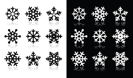 Snowflakes icons with shadow on black and white backgroundのイラスト素材