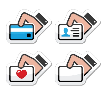 Hand holding credit card, business card, ID icons set as labelsのイラスト素材