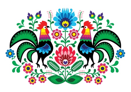 Polish floral embroidery with cocks - traditional folk patternのイラスト素材