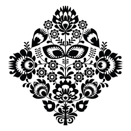 Folk embroidery with flowers - traditional polish pattern in monochromeのイラスト素材
