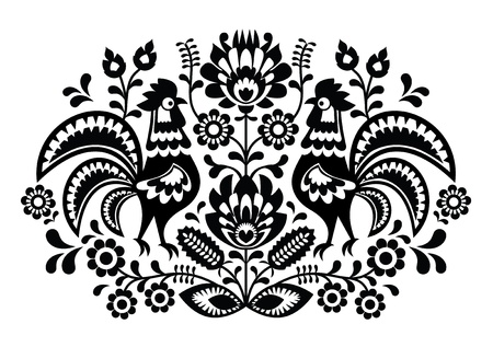 Polish floral embroidery with roosters - traditional folk patternのイラスト素材