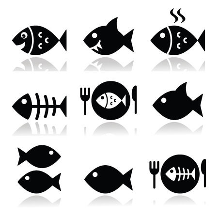 Fish, fish on plate, skeleton vecotor iconsのイラスト素材