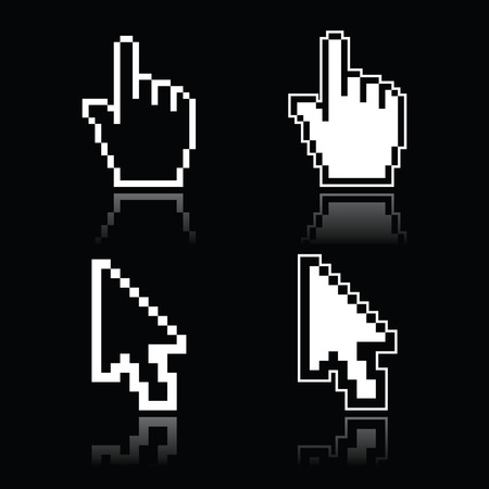 Pixel white cursors - hand and arrow icons on black backgroundのイラスト素材