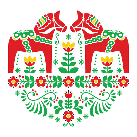 Swedish Dala or Daleclarian horse floral folk pattern のイラスト素材