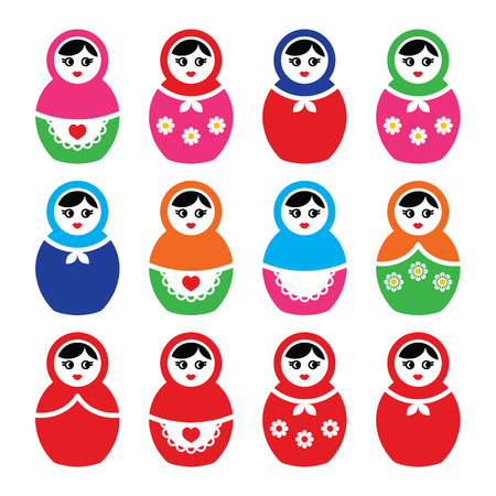 Russian doll, retro babushka vector colorful icons setのイラスト素材
